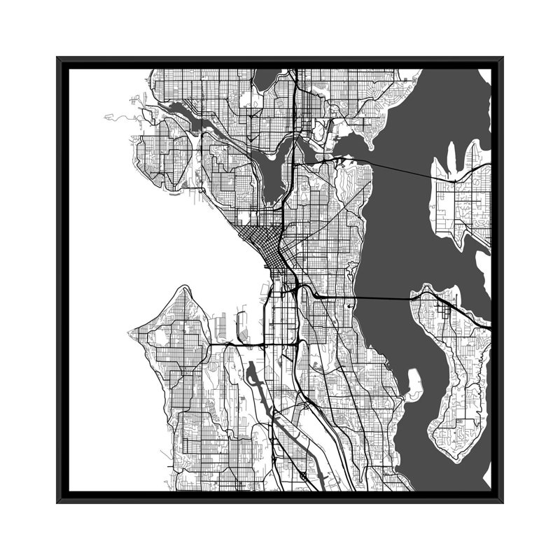 « seattle routes », impression sur toile tendue grise, H 37 po x l 37 po x P 1,5 po, Toile avec cadre noir, Pas de tapis