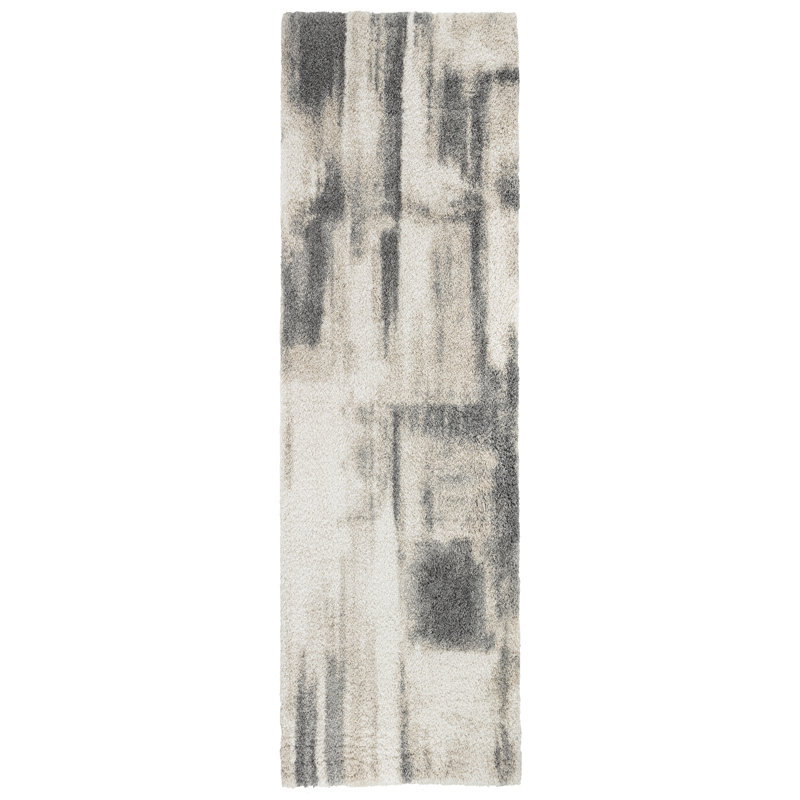 Clareon Abstract Machine Woven Polypropylene Area Rug in Gray, Runner 3' x 12'2"