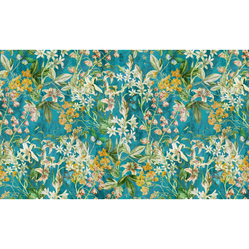 Murale botanique pelez et collez Christopher - Bleu jardin printanier, L 108 po x l 120 po