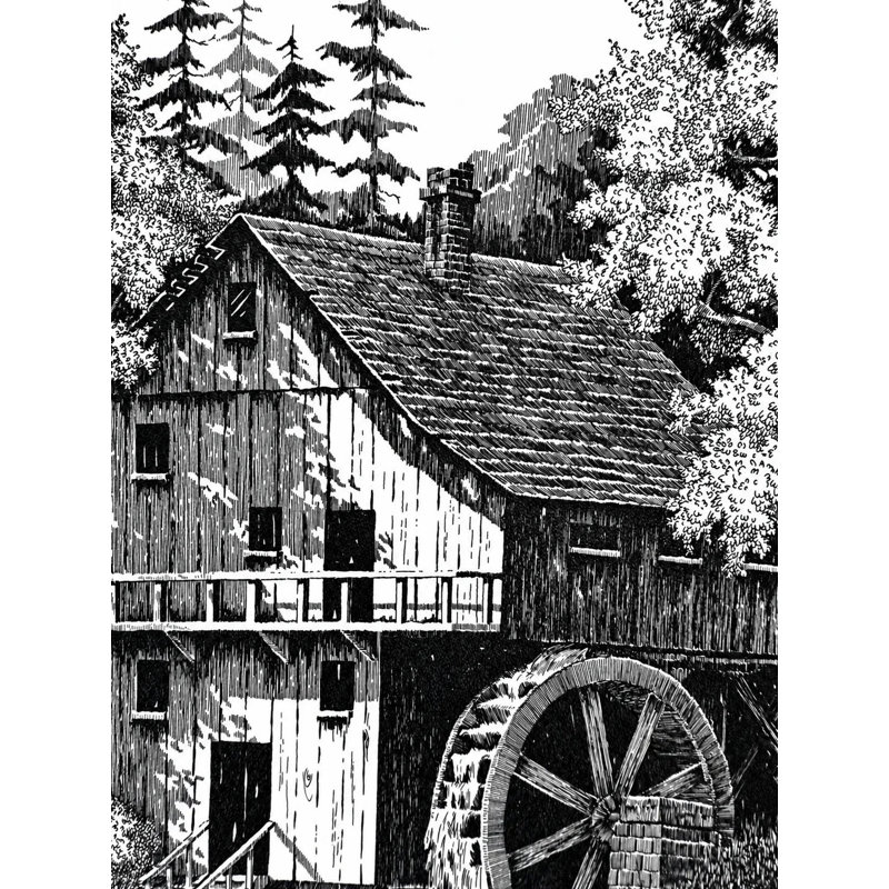 Vieux moulin à eau: impression de paysage détaillée à la plume et à l'encre