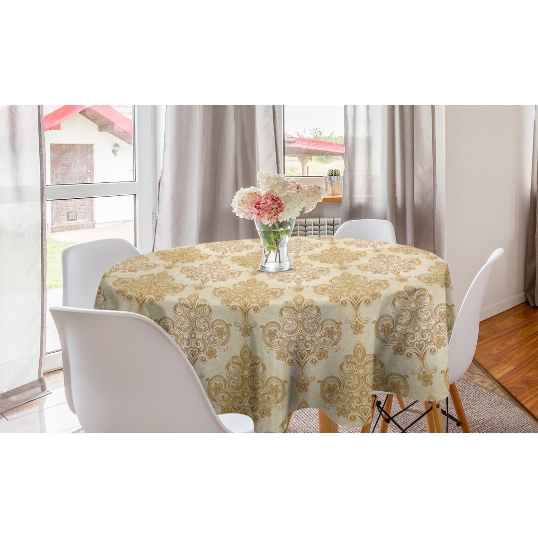 Runde Tischdecke, Barock Curved Blumen, Jahrgang, Creme Pale Brown