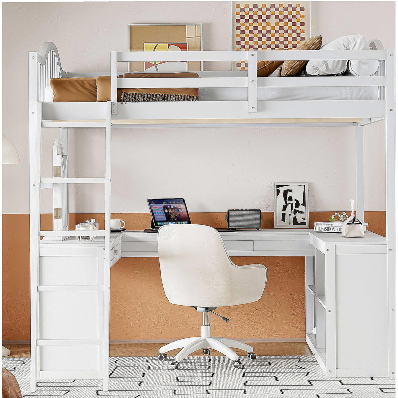 Bureau double en bois massif en forme de U, espace de rangement et lit mezzanine à miroir pliant, Blanc