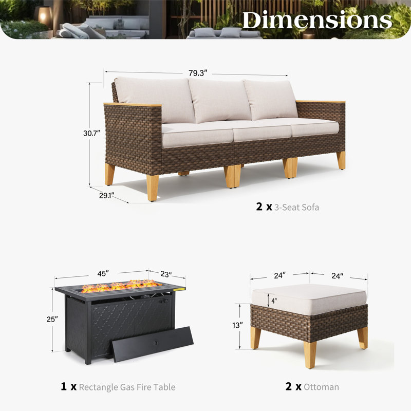 Ensemble de conversation modulaire en osier pour l'extérieur 9 personnes avec table de foyer Phenice, Beige