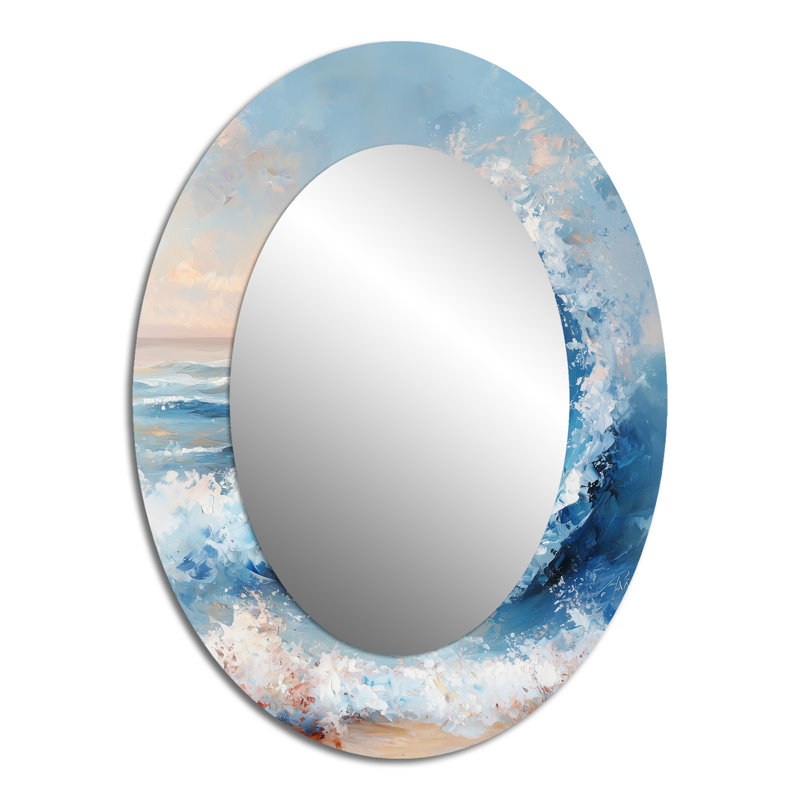 Bleu blanc spirale côtière vagues - grand miroir mural ovale sur métal, 40 po x 30 po