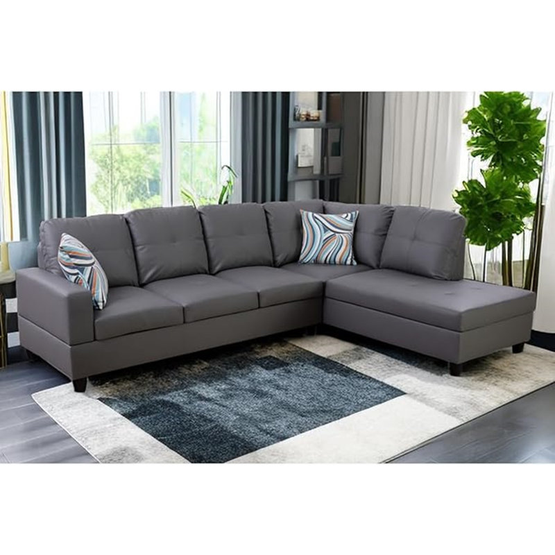 Bawan Faux Leather L-Shaped Sectional, Right Hand Facing, Gray Faux Leather