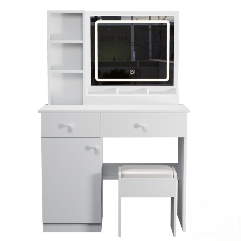 Élégant meuble-lavabo avec éclairage réglable et tiroirs spacieux pour le maquillage et le rangement, parfait pour les chambres à coucher modernes