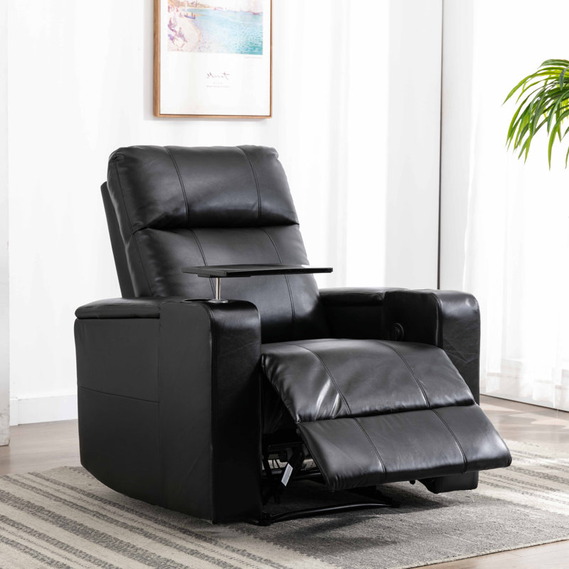 Ryun 33.1'' Wide Breathable Leather Power Recliner with Arm Table and Cup Holder, Black