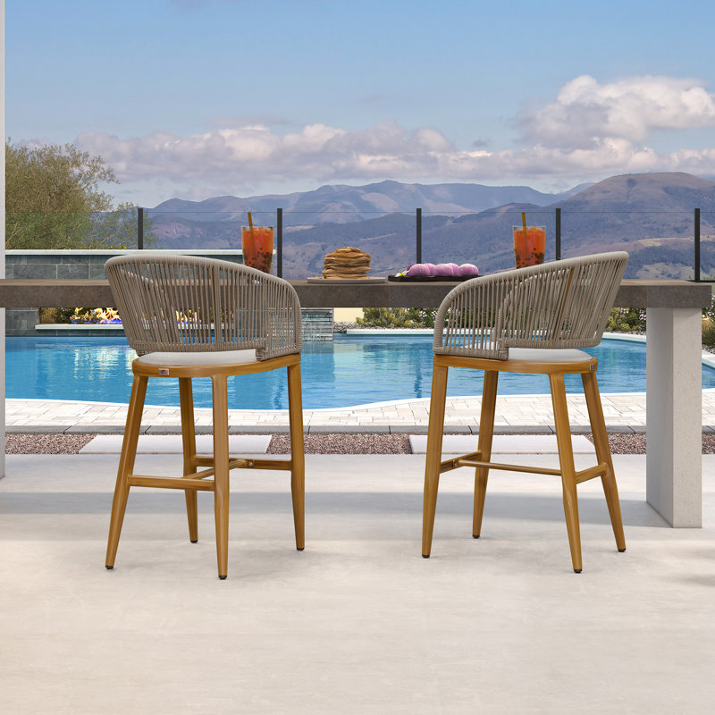  Chaises de bar 2 pièces en osier avec 2 coussins intégrés et dossier enveloppant, Teck, Beige