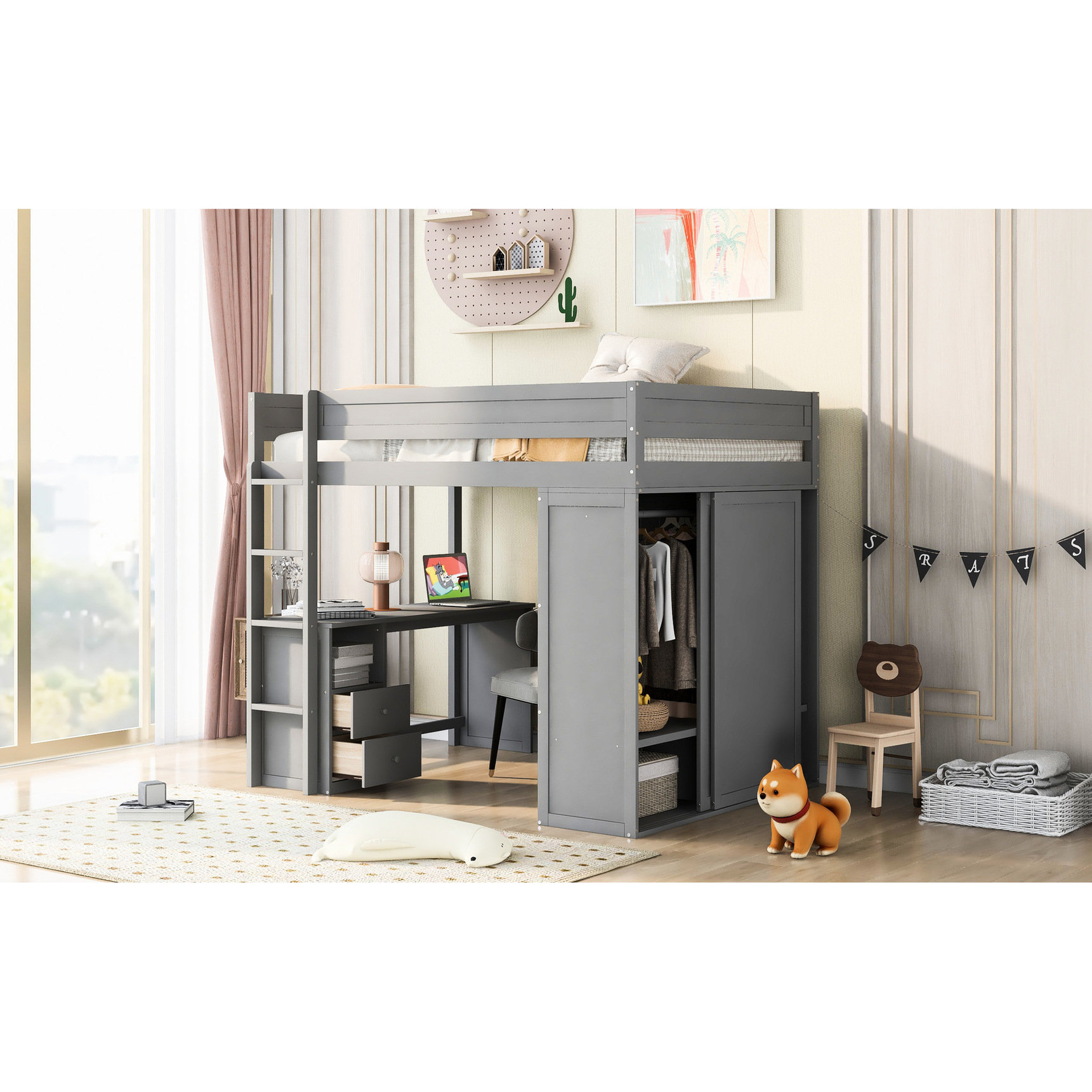 Latitude Run® Loft Bed With Desk, Cabinet And Wardrobes In White ...