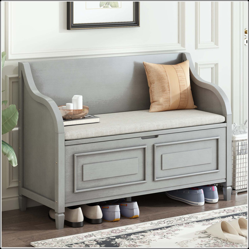 Banc de rangement en bois massif rustique avec charnière de sécurité et coussin amovible, Gris délavé, Gris délavé
