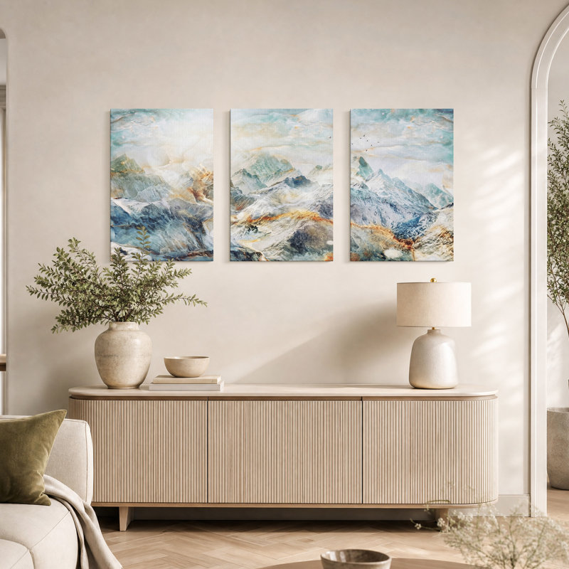 Ensemble de 3 toiles murales représentant des oiseaux survolant des montagnes de marbre turquoise et or, 30"H x 20"W x 3pcs