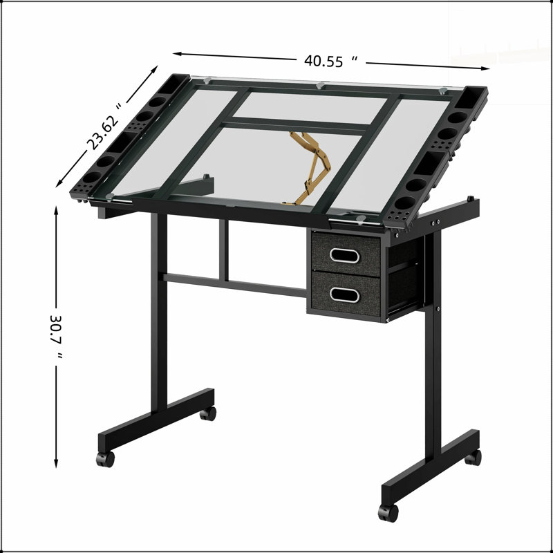 Bureau de dessin réglable avec 2 tiroirs en tissu, 4 roulettes et plateau inclinable pour des espaces de travail créatifs