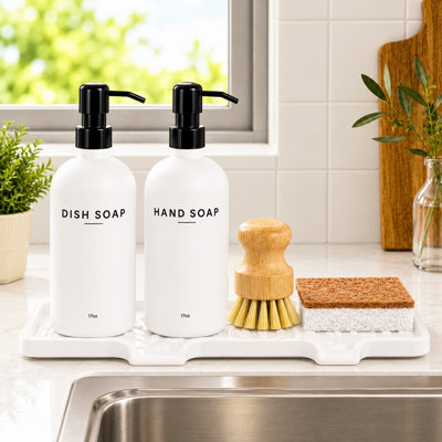 Ensemble de distributeur de savon de cuisine: distributeur en verre et savon à main de 17 oz avec pompe en acier inoxydable, plateau à séchage instantané, brosse à vaisselle et éponge, évier de comptoir rechargeable pour la cuisine et la salle de bain, blanc-noir
