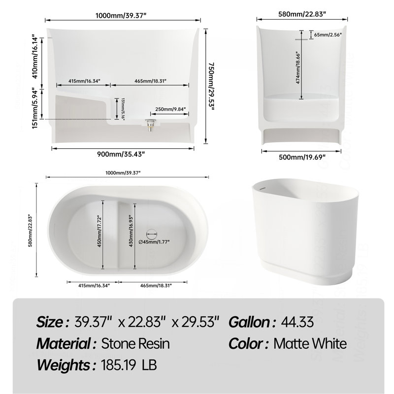 39 Inch Solid Surface Soaking Bathtub - Deep Soak Freestanding Tub