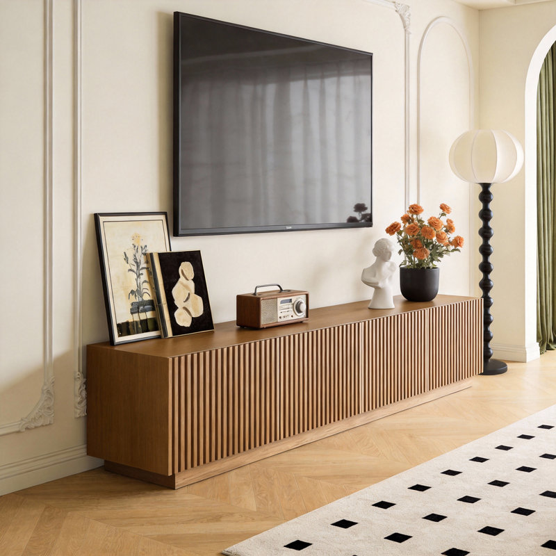 220cm Wide TV Stand in Walnut, Featuring Integrated Cable Management and Ample Shelf Storage Fast Dispatch From UK Warehouse – Dispatched Within 2 Days
