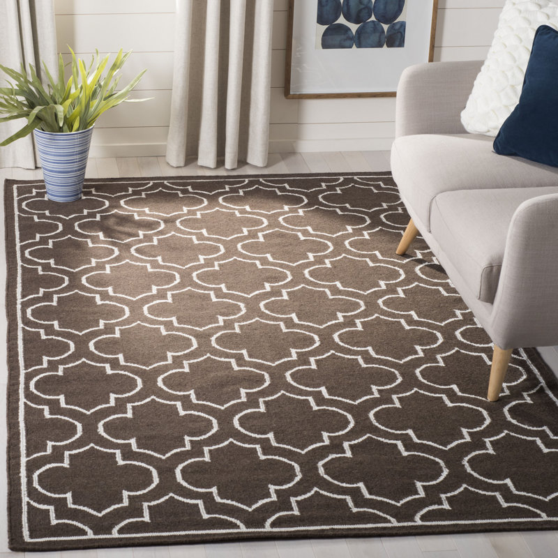 Tapis brun en soie de bananier / laine / coton tissé à la main à plat à motif géométrique Rodgers, Rectangle 9 pi x 12 pi