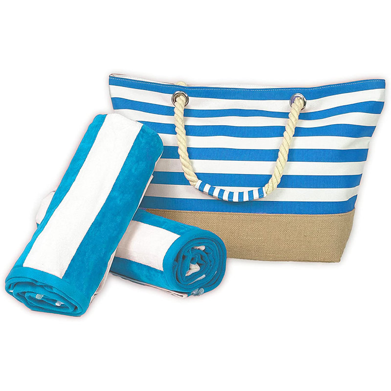 Sac de plage en toile Sunnyville, sac fourre-tout de plage | Ensemble de serviettes de plage à rayures Plus Plus 30 po x 60 po | Ensemble de 3 pièces