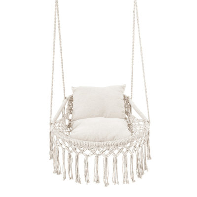 Boho Macrame Hanging Swing Chair With 2 Removable Cushions, 330 Lbs Weight Capacity, 2 Hanging Options Foldable Indoor Outdoor Hammock Chair