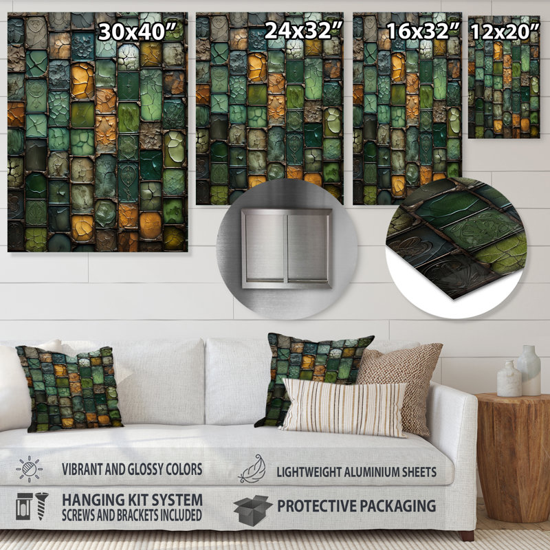 Green Stones Tiles II - tuile abstraite, art mural en métal, H 32 po x l 24 po x P 1 po