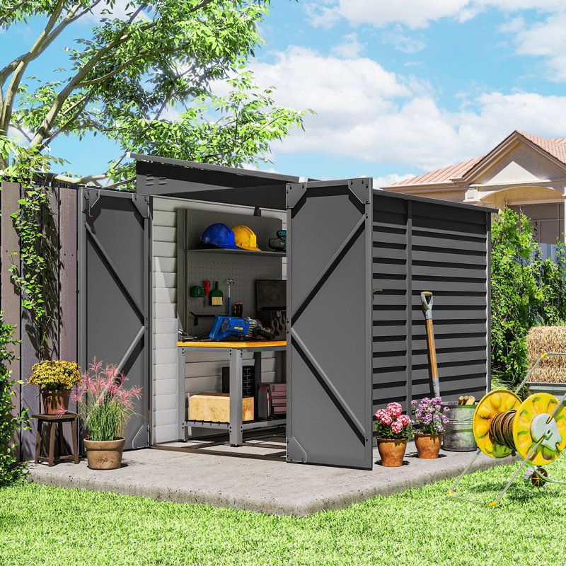 Outsunny 4.6' x 9' Steel Outdoor Storage Shed, Metal Tool House with Lockable Doors, Foundation Kit, 2 Air Vents, Gloves, Lean to Shed, Dark Gray