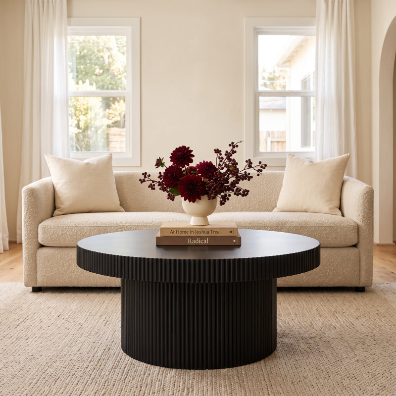 Black Wooden Dimensional Ribbed Living Room Coffee Table, 36" x 36" x 16"