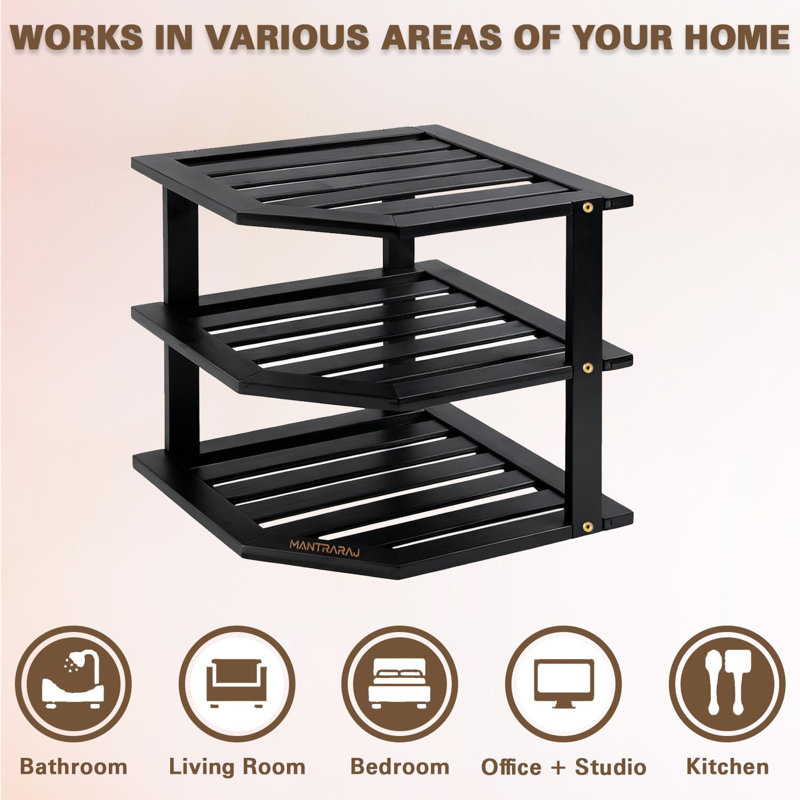 3 Tier Bamboo Corner Shelf Rack Unit Kitchen Storage Organiser Black