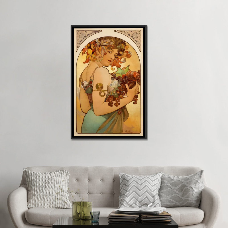 «Fruit» par Alphonse Mucha, reproduction d'art sur toile, L 18 po x H 26 po x P 1,5 po, Toile avec cadre noir, Pas de tapis