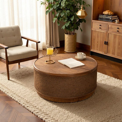 Table basse ronde avec rangement amovible, conception tissée à la main