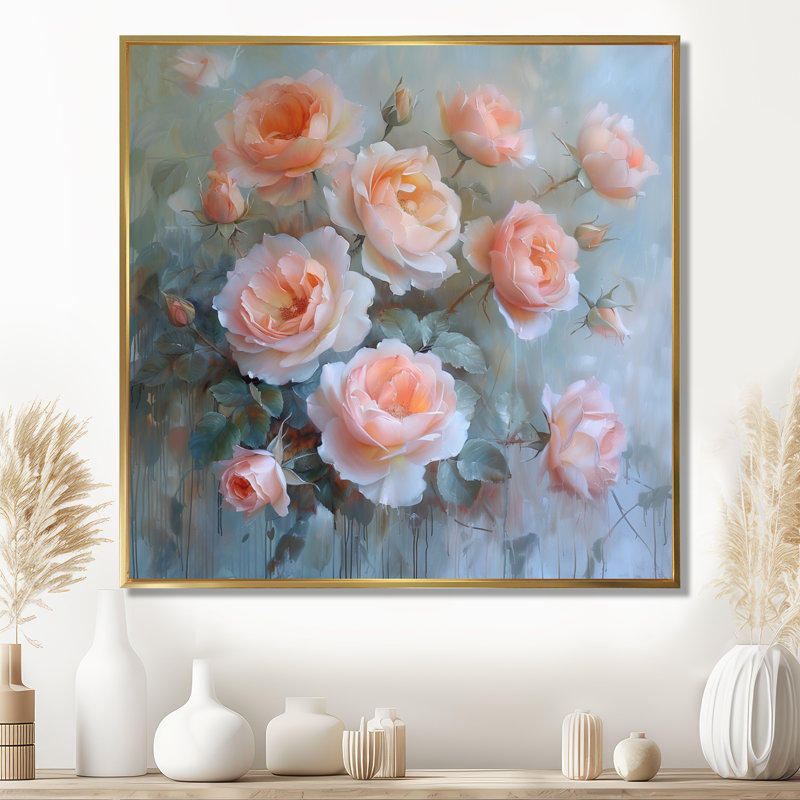 Décoration murale rose, vert, féminin, roses I - Roses, Cadre flottant doré, 30" H x 30" W