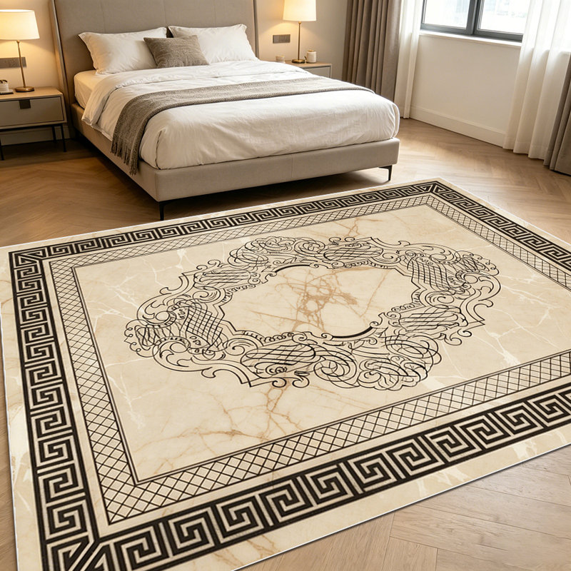 1PC Vintage Greek Key Border Ornate Oval Medallion Marble Texture area rugs for Living Room, Soft and Comfortable, Suitable for all seasons, easy-to-maintain, machine washable Indoor floor mat, Under Table Farmhouse suitable for dining room, bedroom,