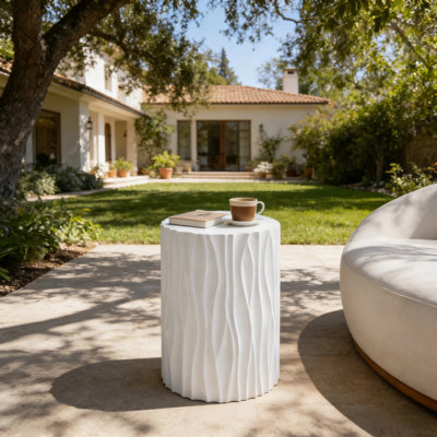 Kyra Modern Coastal MGO Outdoor Side Table with Sculptural Wavy Fluted Base