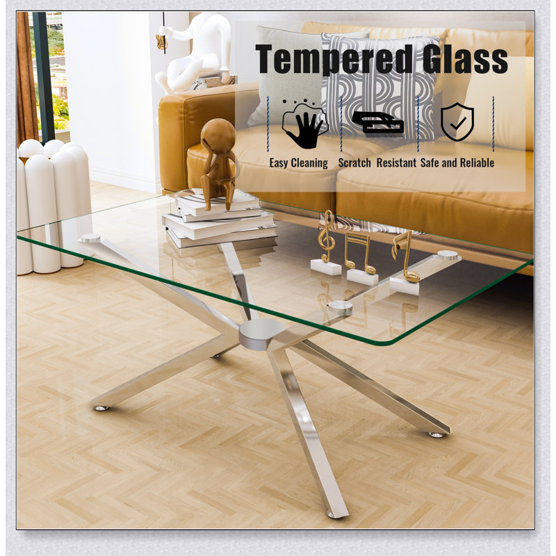 Table basse rectangulaire en verre trempé transparent de 39,37 pouces avec pieds en métal argenté durable pour les salons modernes