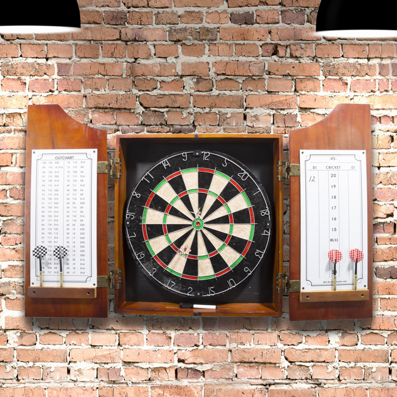 Solid Pine Beveled Wood Dart Cabinet with Steel Tip Darts