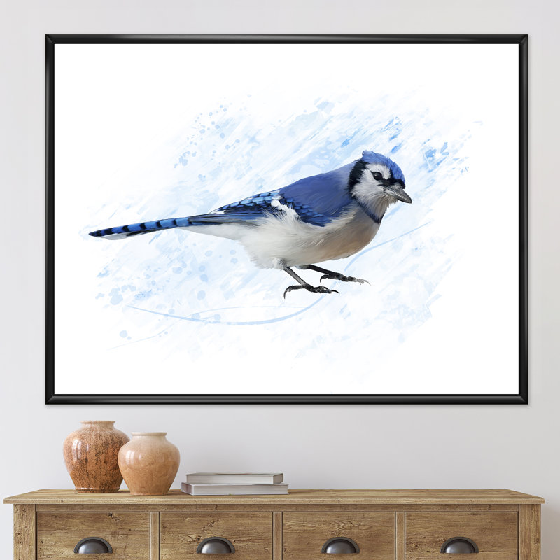 Geai bleu rétro - impression sur toile, Toile avec cadre noir, H 12 po x l 20 po x p 1 po