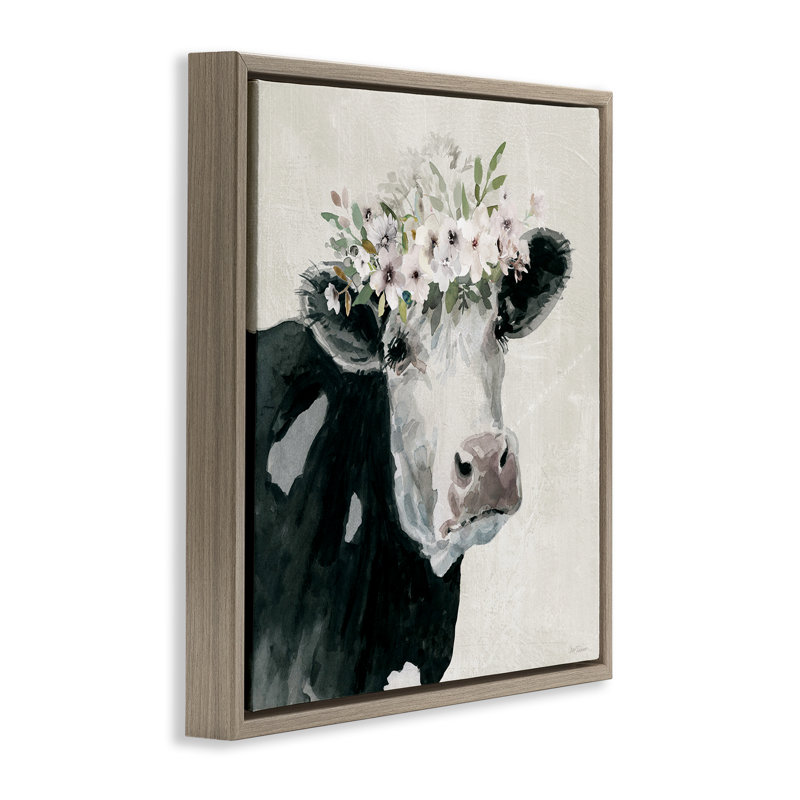 «Gazing Cow with Florals», art mural sur toile par Carol Robinson, Cadre flottant orme Montalcino, H 18 po x l 18 po