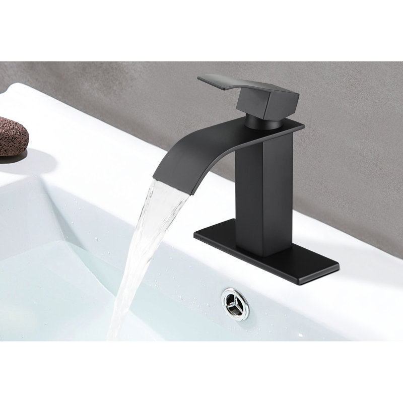 Matte Black Waterfall Spout Bathroom Sink Faucet, Single Handle Operation For Convenience, Built With Stainless Steel Faucet Spout, Seamless Water Control, Construction