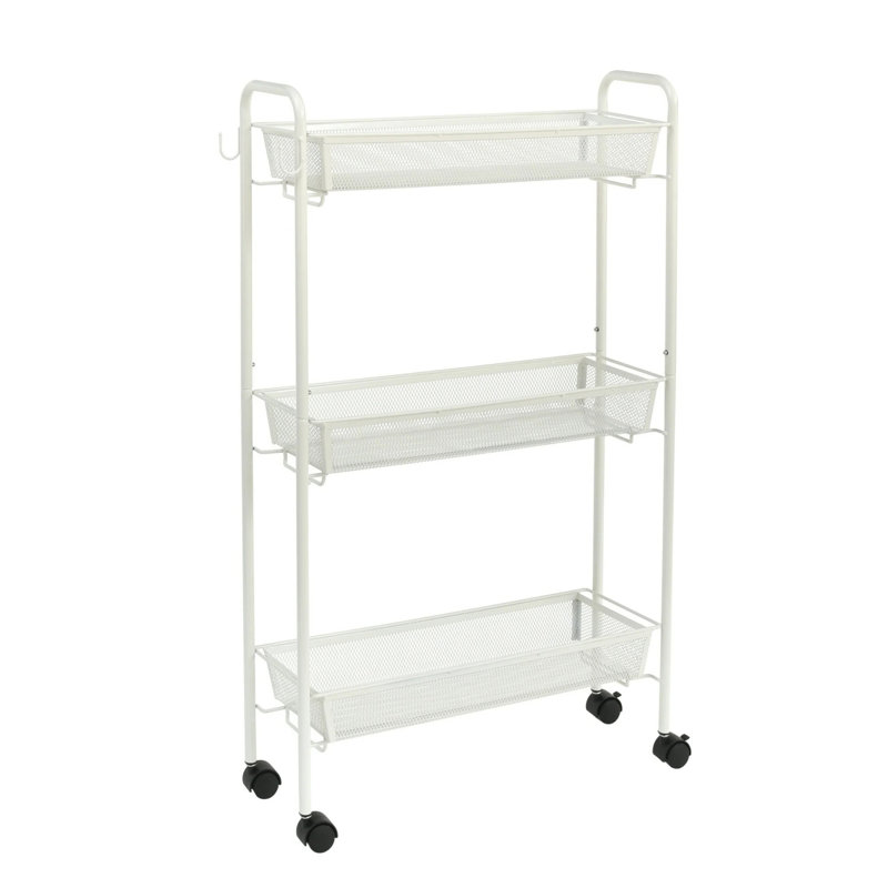 3-Shelf Rolling Bathroom Organization Cart with 2 Hooks