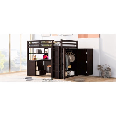 Lit mezzanine double avec garde-robe. Construire. Tiroirs et bureau pour plus d'efficacité. 78,3 po de longueur x 56,7 po de largeur et 65 po de hauteur dans le bureau, tiroirs. Bois massif. Espace de rangement supplémentaire. Conception fonctionnelle. L P H