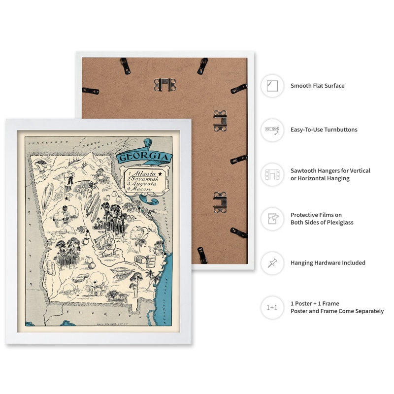 Georgia Pictorial Map, Poster, 24"H x 32"W, White Framed