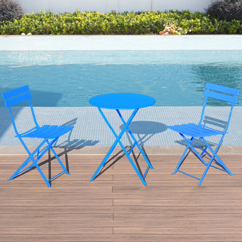 Iron Table And Folding Chair Set, 2 - Person Round Outdoor Dining Set, Blue
