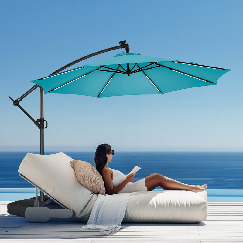 Parasol en porte-à-faux de 120 po, parasol de patio suspendu décalé de 10 pi avec 32 lumières DEL et inclinaison facile, abat-jour de parasol extérieur commercial pour la cour, la piscine, la plage et le jardin