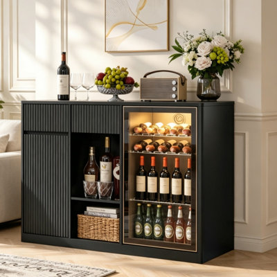 51.2" Modern Fluted Bar Cabinet with Fridge Compartment, Black Multipurpose Wine Storage Cabinet with Adjustable Shelves and Built-in Power Outlets for Living Room and Dining Room (Fridge Not Included)