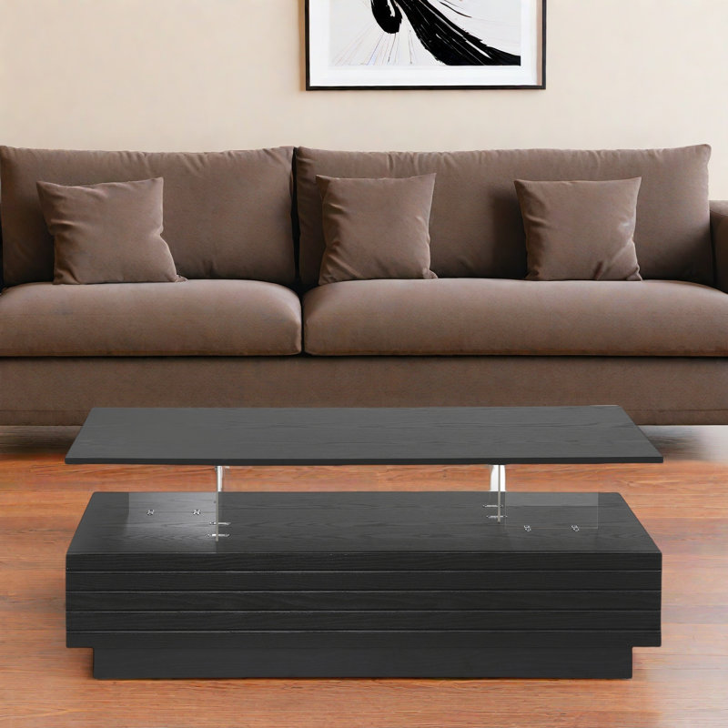Modern Rectangular Coffee Table With Led Lights, 2 Drawers And Open Storage Shelf, Black