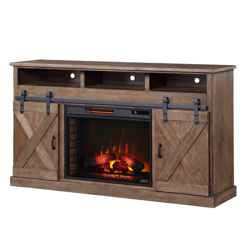 Meuble télé avec foyer Hungerford pour un téléviseur de 80 po ou moins, Bois de grange