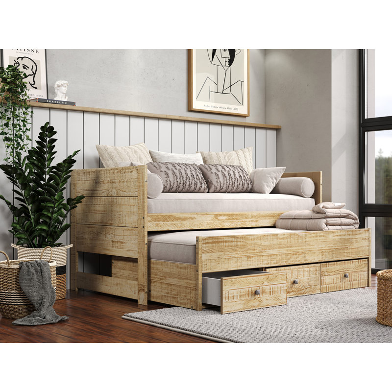 Nailsworth Twin 3 Drawer Solid Wood Mate's & Captain's Bed with Twin Trundle, Weathered Honey, Weathered Honey