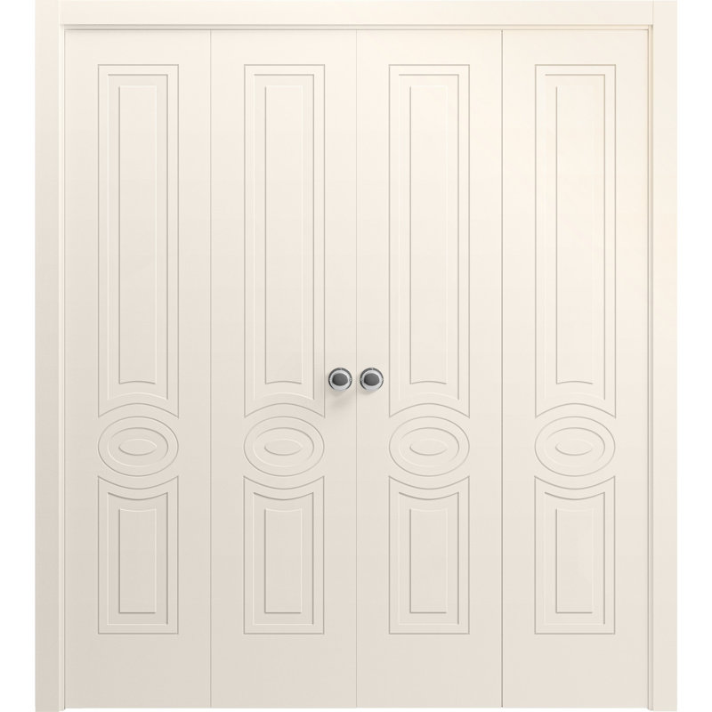 Portes coulissantes doubles pliantes pour placard 96 x 80 pouces Mela 7001, peintes en crème, rails robustes, moulures, garnitures, quincaillerie, bois massif, portes de placard de chambre