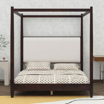 Canopy Bed Frame With Thick Upholstered Headboard,Solid Wood 4 Posters Platform Bed With Tapered Legs, Mid Century Modern Canopy Beds