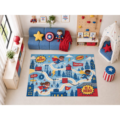 "Ultra Thin" 5' x 7' Superhero Adventure City Design, Bold Playroom Floor Rug, Boys Bedroom and Nursery Decor, Area Rug Carpet for Kids
