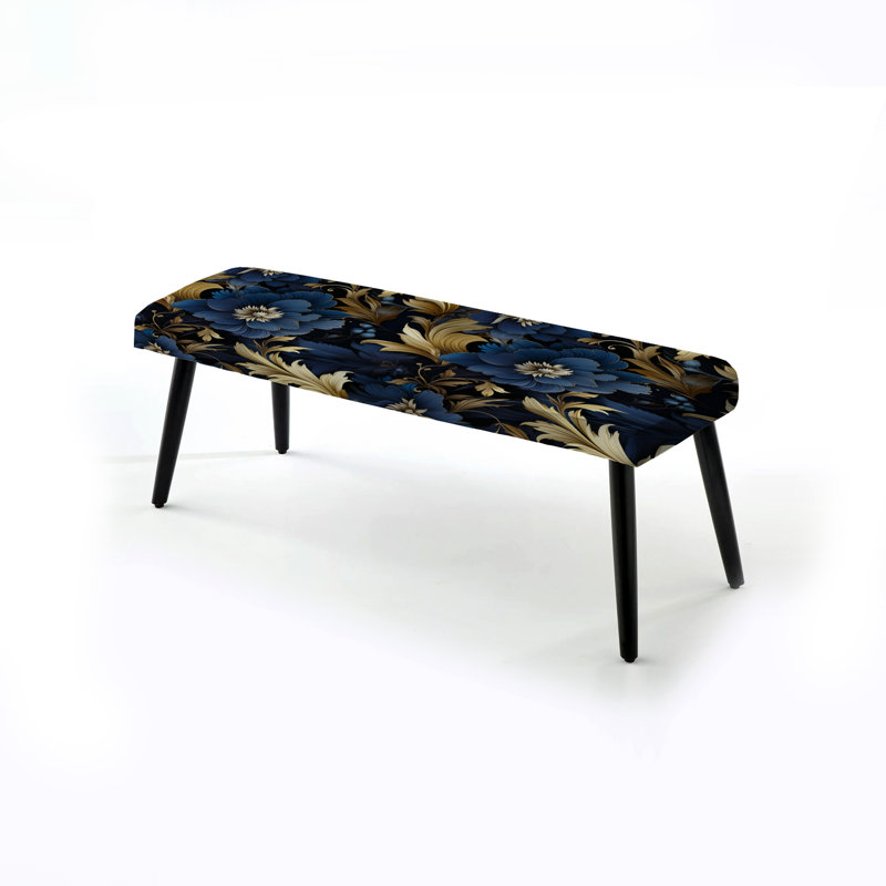 Mystical Blue Damask Mirage - Damask Upholstered Black Bench