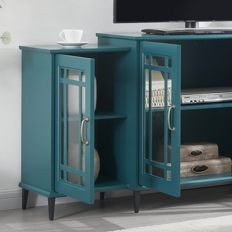 62" Tv Stand In Teal Blue, With Adjustable Storage And Stable Metal Base Featuring 8 Legs For Stability